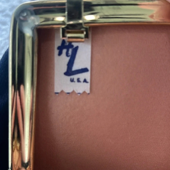 Vintage HL Harry Levine Navy evening bag Gold Chain Strap Peach interior - Picture 4 of 13